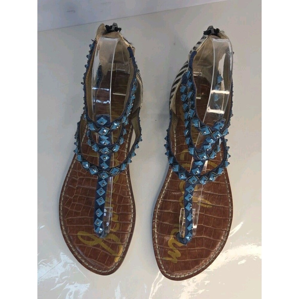 Sam Edelman 'GREYSON' Turquoise Studded Blue Leather Sandal Cowhide Backheel 7.5 - Picture 7 of 11